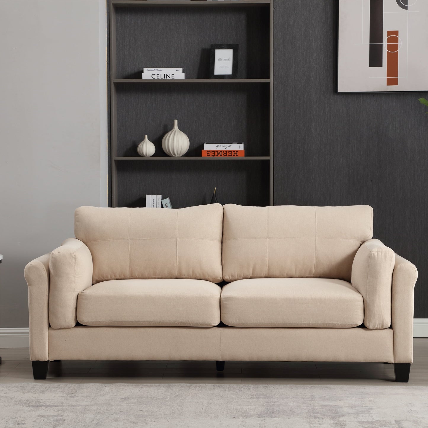 Khaki Button Tufted Linen 3-seater Sofa with USB Ports