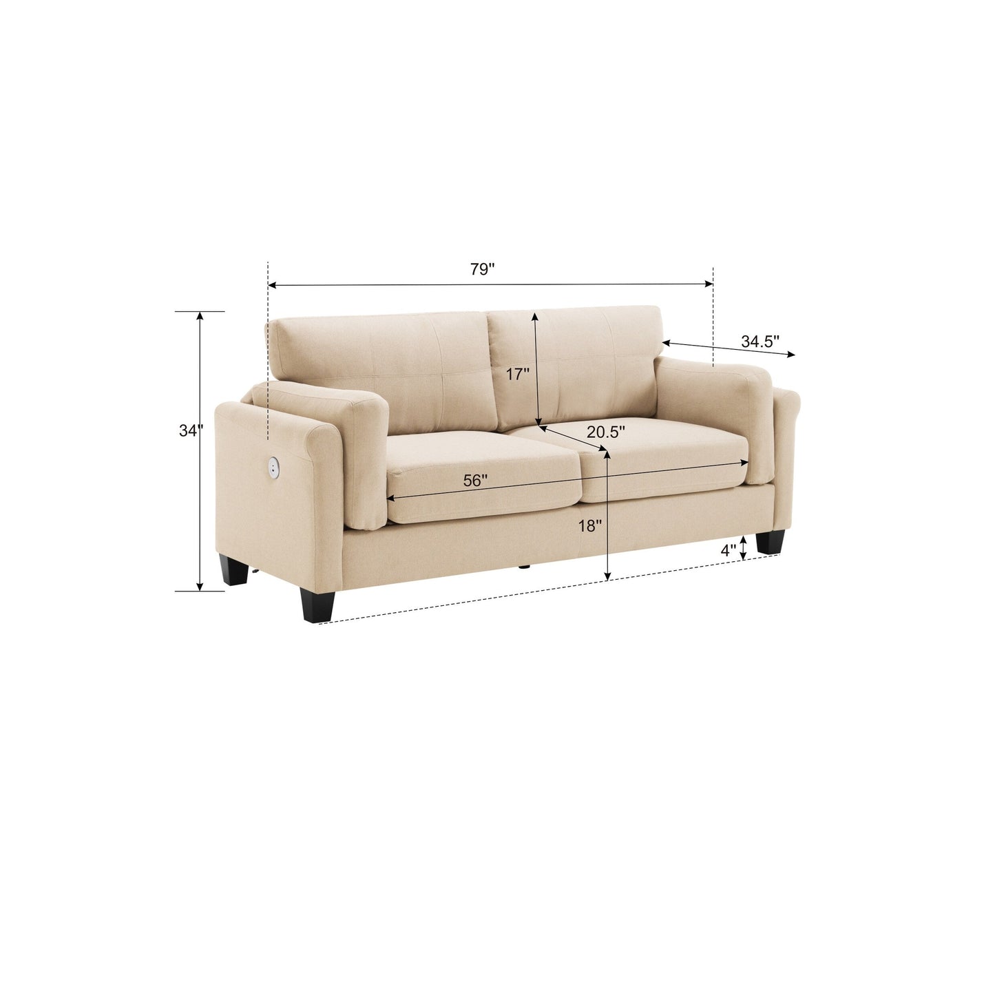 Khaki Button Tufted Linen 3-seater Sofa with USB Ports