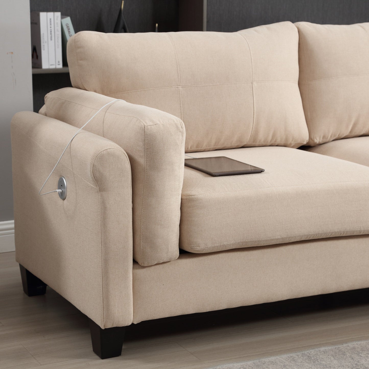 Khaki Button Tufted Linen 3-seater Sofa with USB Ports