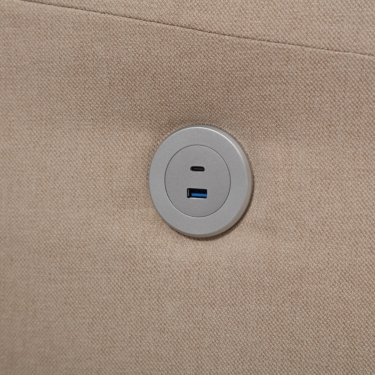 Khaki Button Tufted Linen 3-seater Sofa with USB Ports