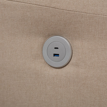 Khaki Button Tufted Linen 3-seater Sofa with USB Ports