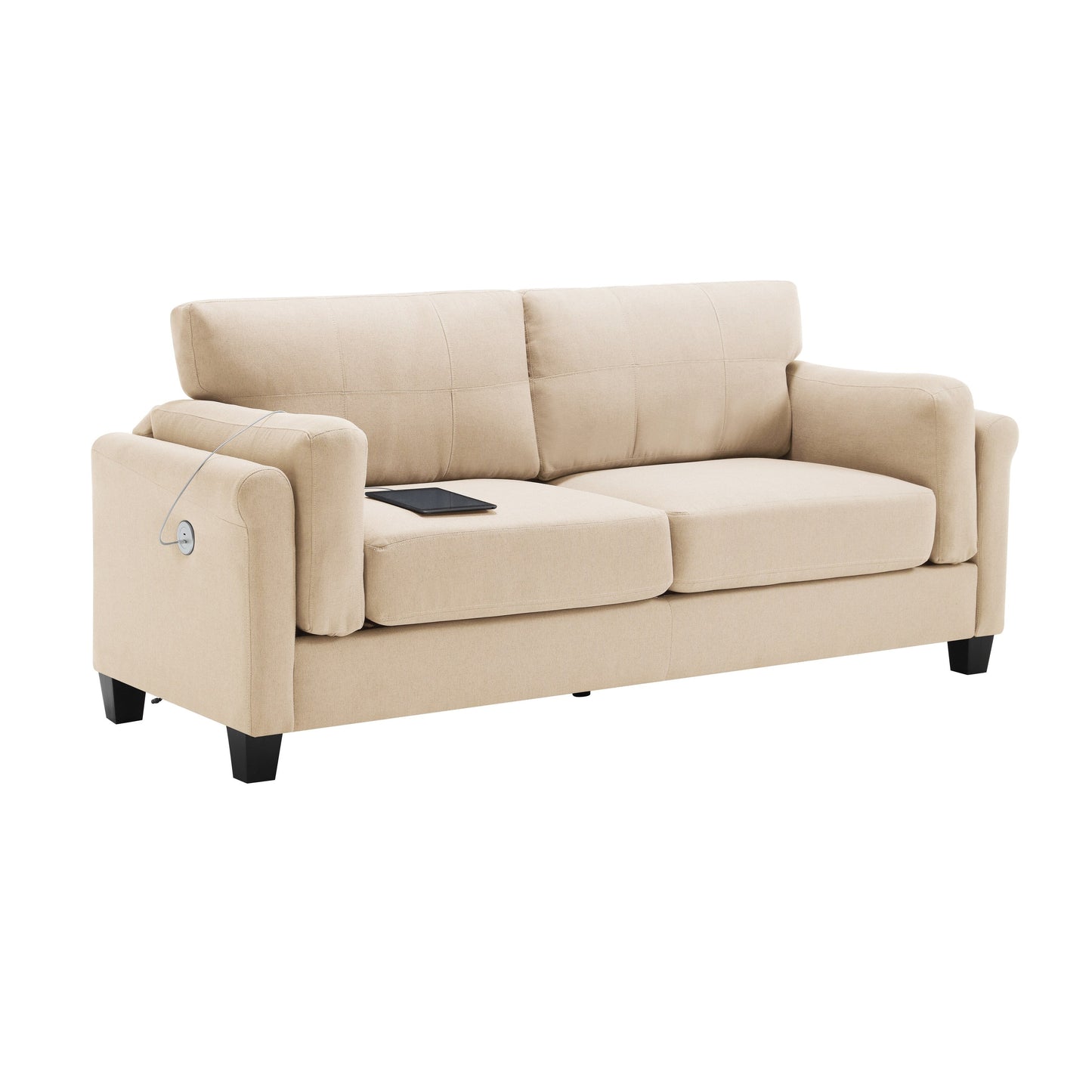 Khaki Button Tufted Linen 3-seater Sofa with USB Ports
