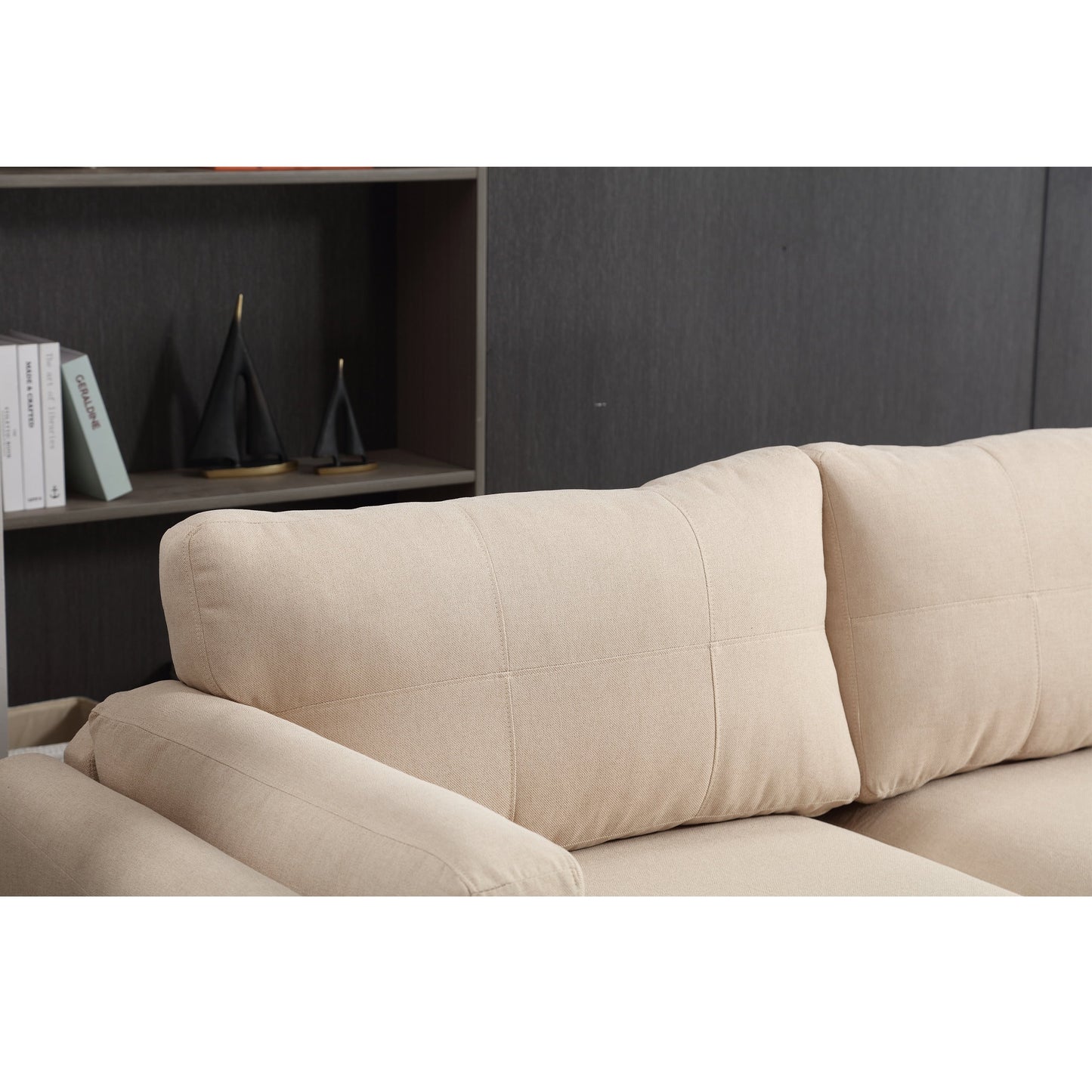 Khaki Modern 79 Button Tufted Linen Upholstered 3-seater Sofa with 2 USB Ports and Solid Square Plastic Foot