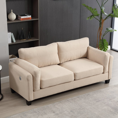 Khaki Modern 79 Button Tufted Linen Upholstered 3-seater Sofa with 2 USB Ports and Solid Square Plastic Foot