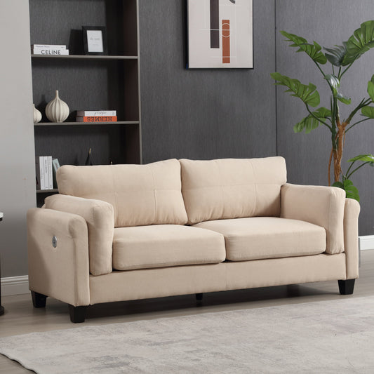 Khaki Modern 79 Button Tufted Linen Upholstered 3-seater Sofa with 2 USB Ports and Solid Square Plastic Foot