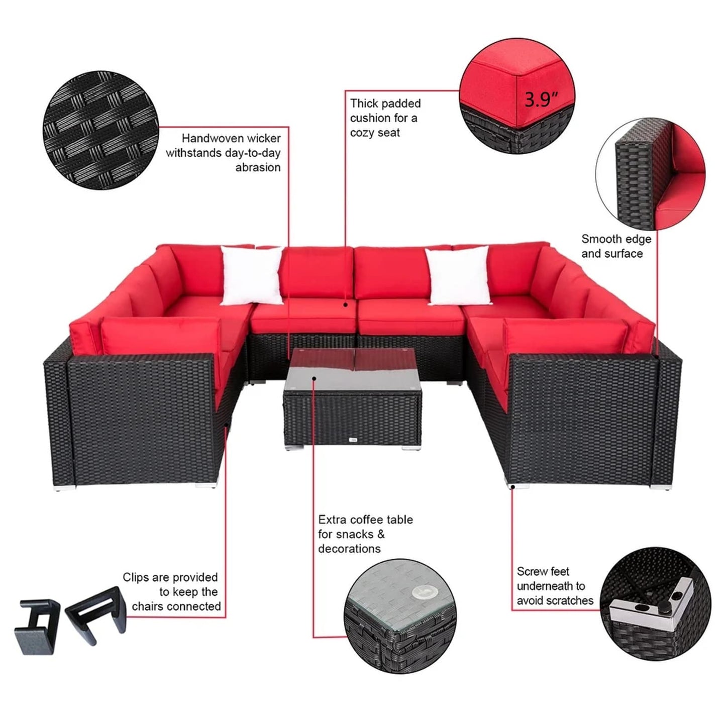 Kinbor 9-piece Outdoor Furniture Patio Sectional Sofa All-weather Rattan Wicker Chat Set w/Cushions Patio Indoor