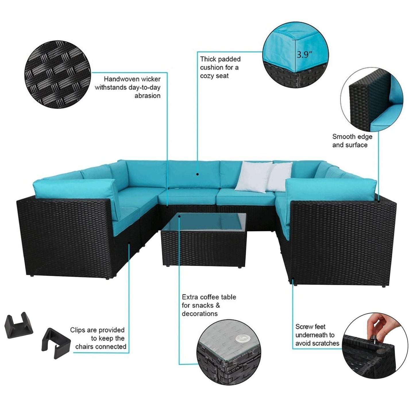Kinbor 9-piece Outdoor Furniture Patio Sectional Sofa All-weather Rattan Wicker Chat Set w/Cushions Patio Indoor