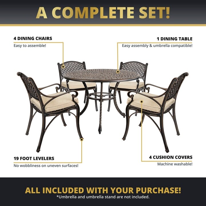 Kinger Home Harmon 5-Piece Cast Aluminum Outdoor Dining with Cushions - 41-Inch