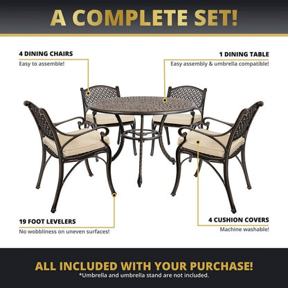 Kinger Home Harmon 5-Piece Cast Aluminum Outdoor Dining with Cushions - 41-Inch