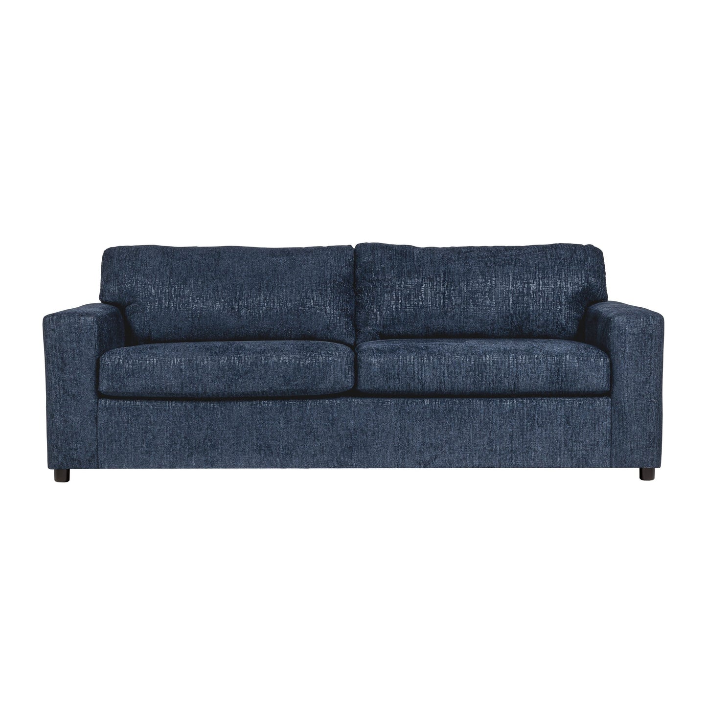 Kiono Sofa, Soft Blue Polyester Cushions, Black Solid Wood 85 Inch
