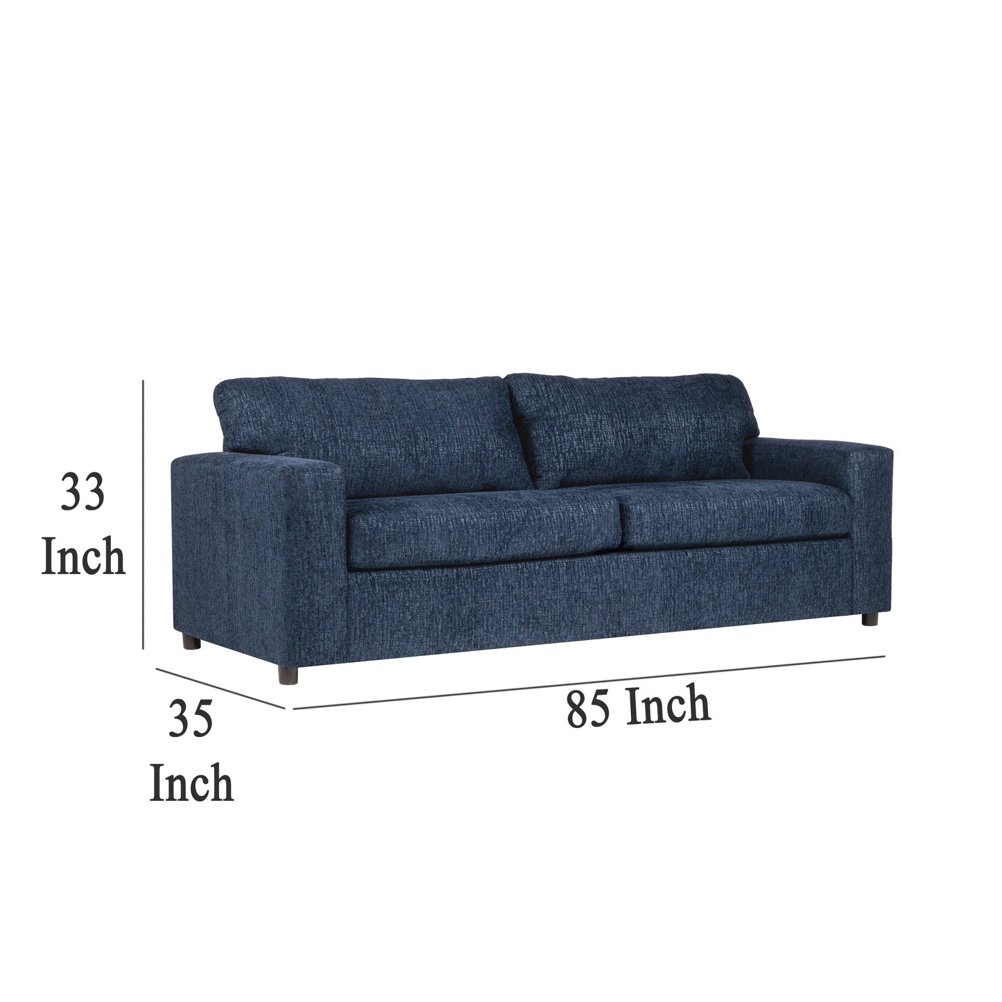 Kiono Sofa, Soft Blue Polyester Cushions, Black Solid Wood 85 Inch