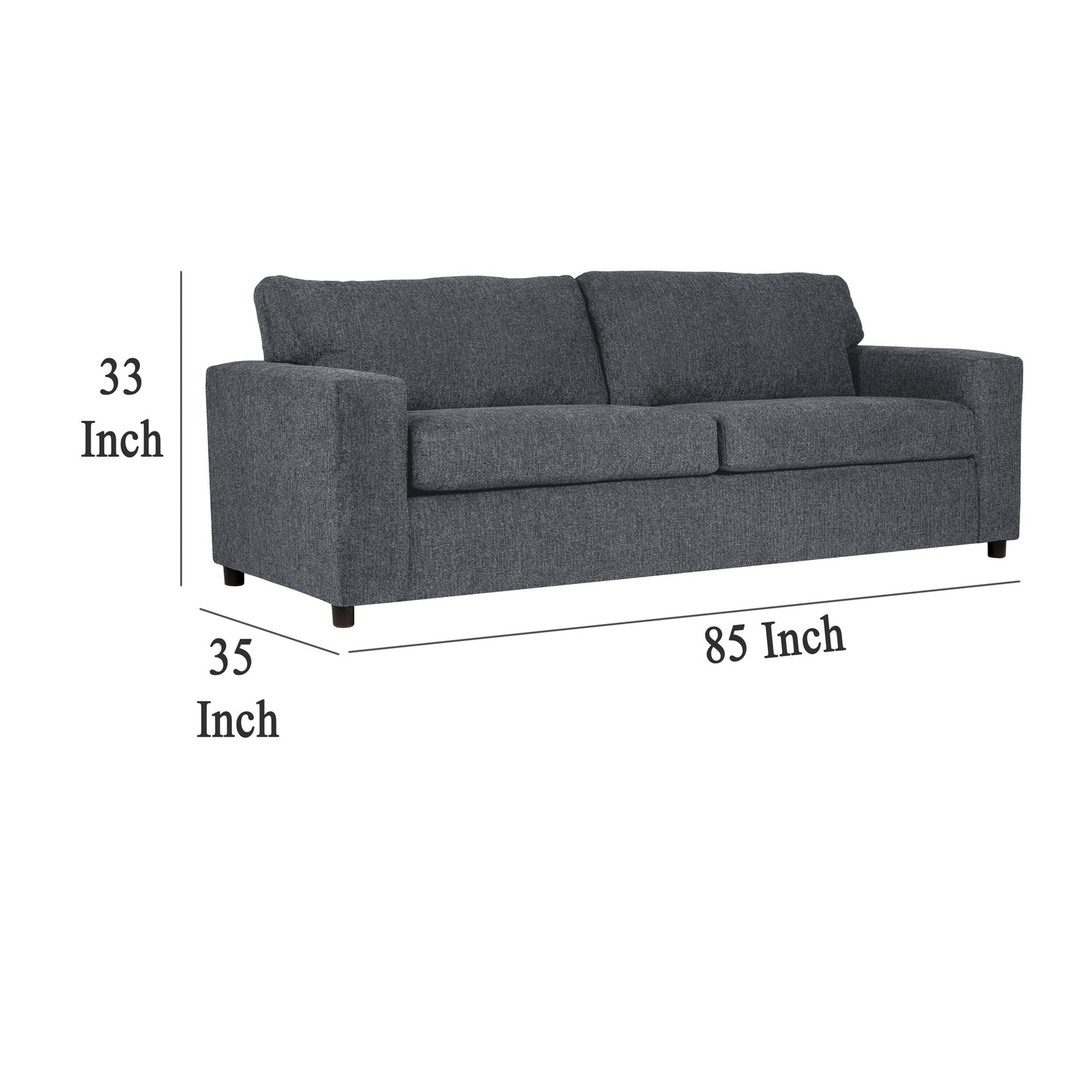 Kiono Sofa, Soft Gray Polyester Cushions, Black Solid Wood 85 Inch