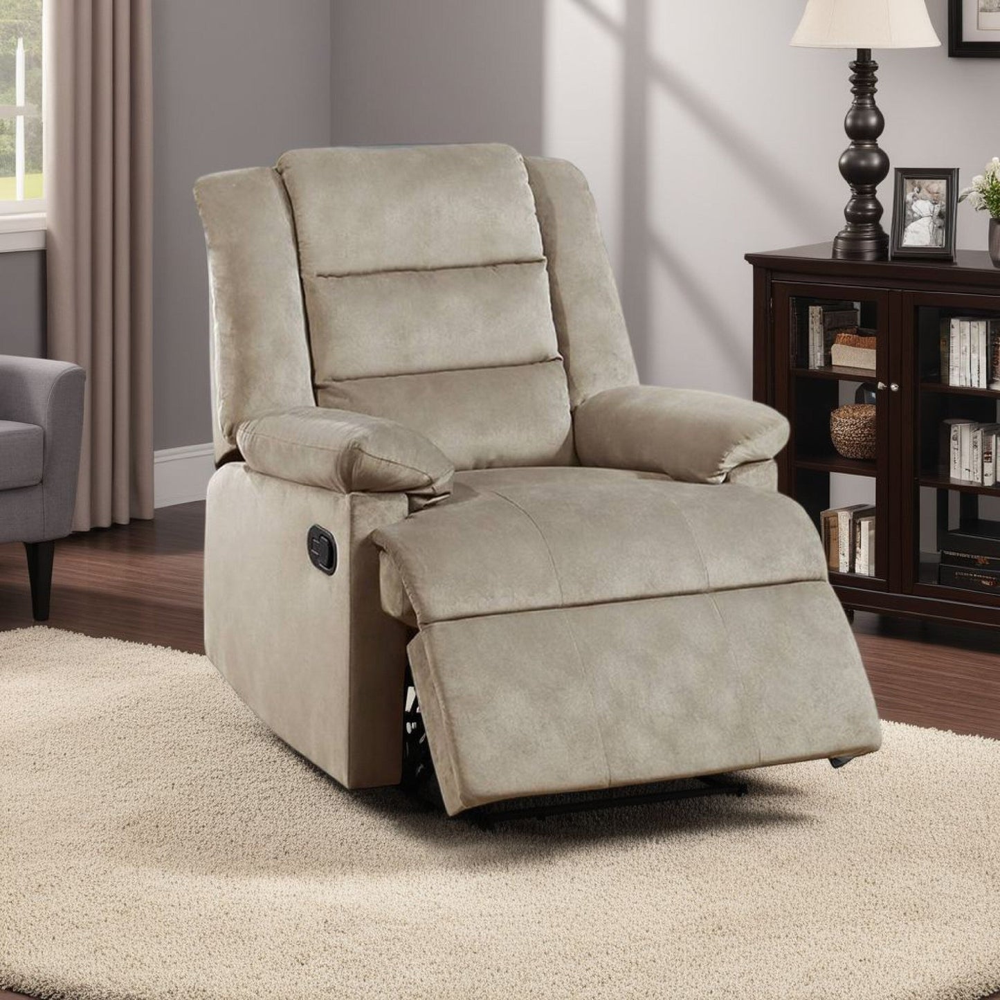 Kori Manual Recliner Chair, Soft Cushioned Beige Velvet, Solid Wood