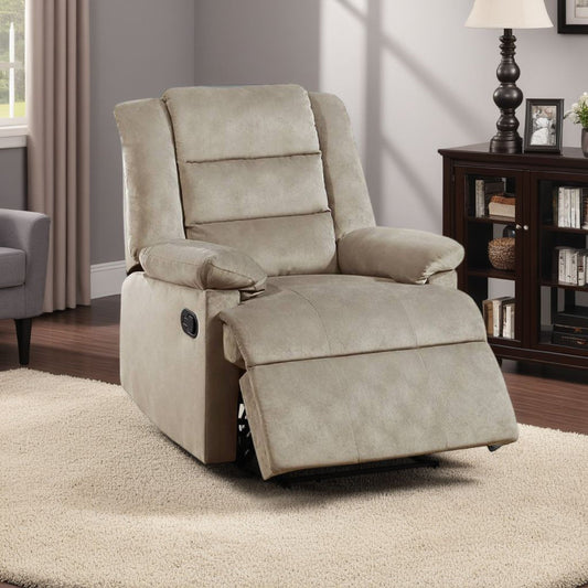 Kori Manual Recliner Chair, Soft Cushioned Beige Velvet, Solid Wood