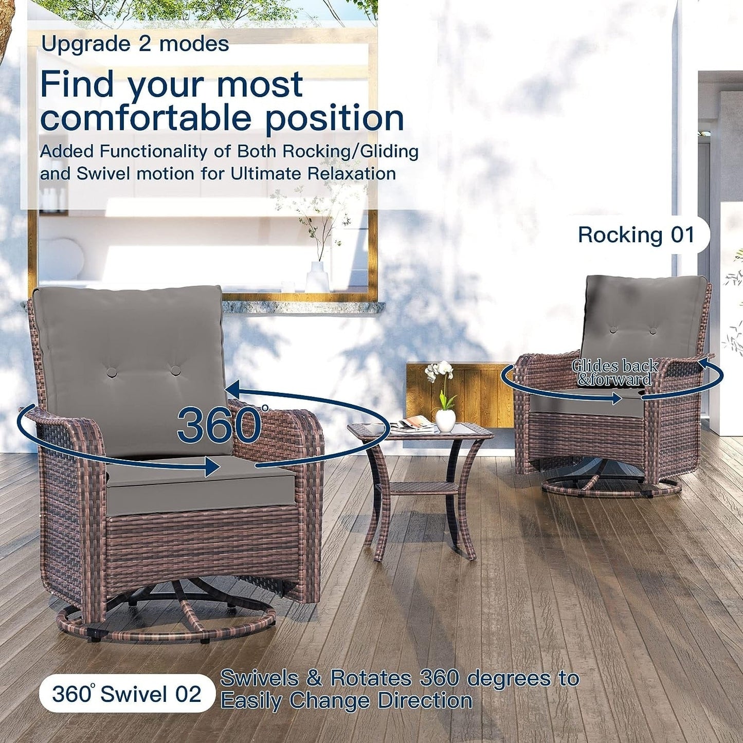 Kullavik 3 Pieces Patio Furniture Set,Outdoor Swivel Rocking Chairs