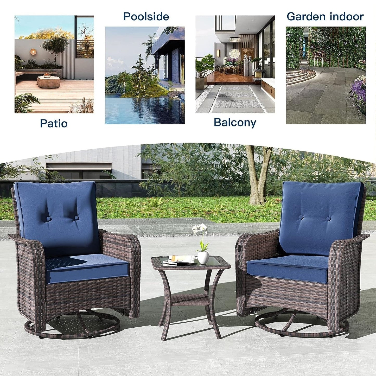Kullavik 3 Pieces Patio Furniture Set,Outdoor Swivel Rocking Chairs