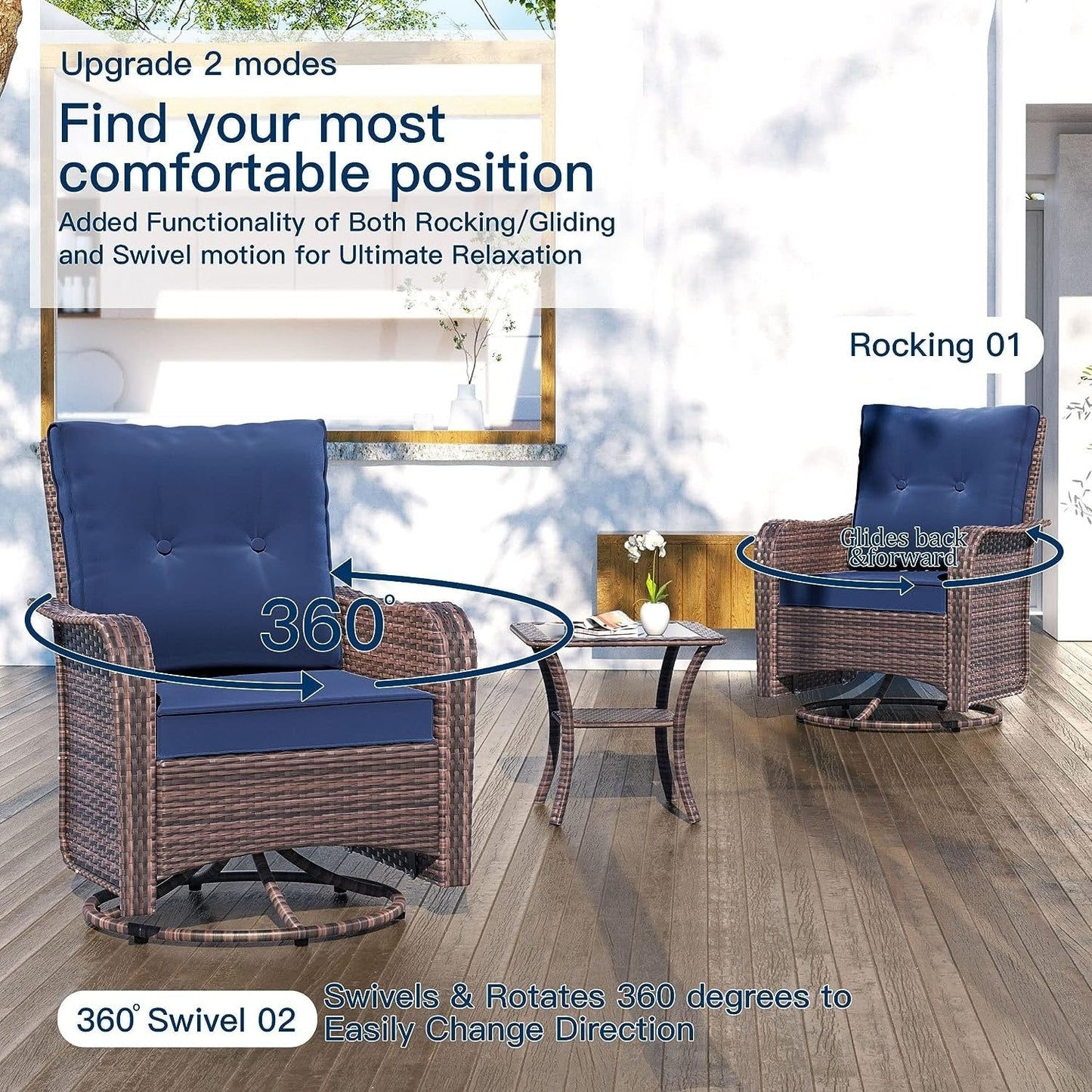 Kullavik 3 Pieces Patio Furniture Set,Outdoor Swivel Rocking Chairs
