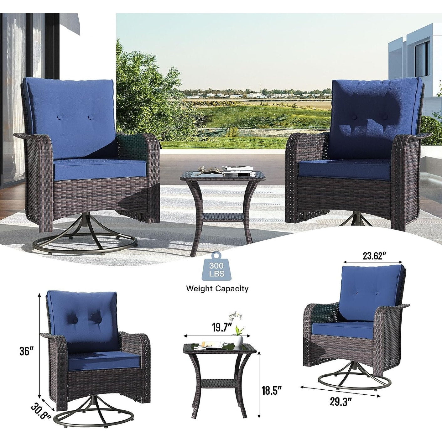 Kullavik 3 Pieces Patio Furniture Set,Outdoor Swivel Rocking Chairs