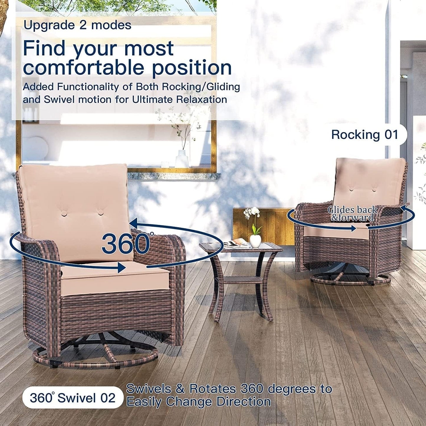 Kullavik 3 Pieces Patio Furniture Set,Outdoor Swivel Rocking Chairs