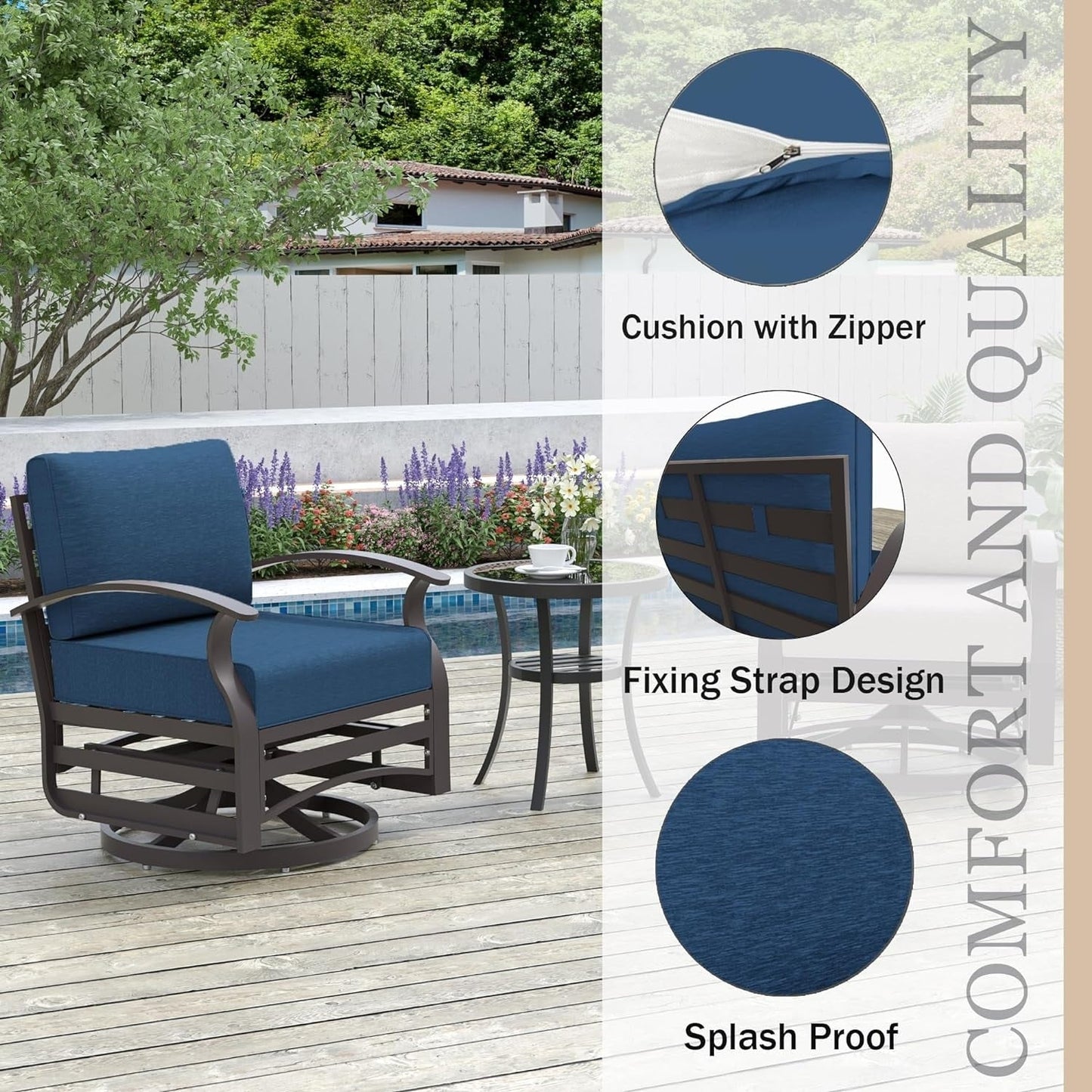 Kullavik 3Pcs Aluminum Rocking Chair Swivel Chairs Set with Glass Top Table & 5 Thick Cushion