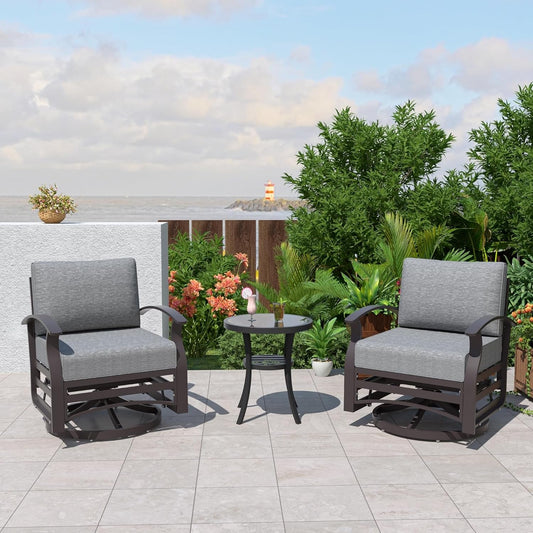 Kullavik 3Pcs Aluminum Rocking Chair Swivel Chairs Set with Glass Top Table & 5 Thick Cushion