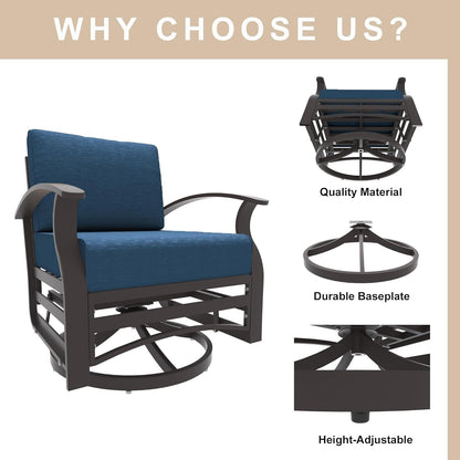 Kullavik 3Pcs Aluminum Rocking Chair Swivel Chairs Set with Glass Top Table & 5 Thick Cushion