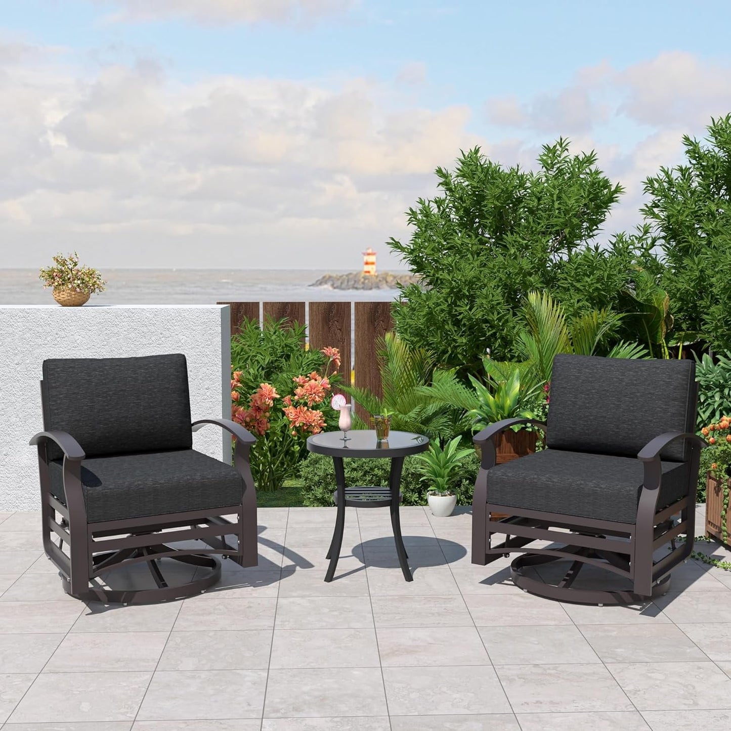 Kullavik 3Pcs Aluminum Rocking Chair Swivel Chairs Set with Glass Top Table & 5 Thick Cushion