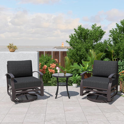 Kullavik 3Pcs Aluminum Rocking Chair Swivel Chairs Set with Glass Top Table & 5 Thick Cushion