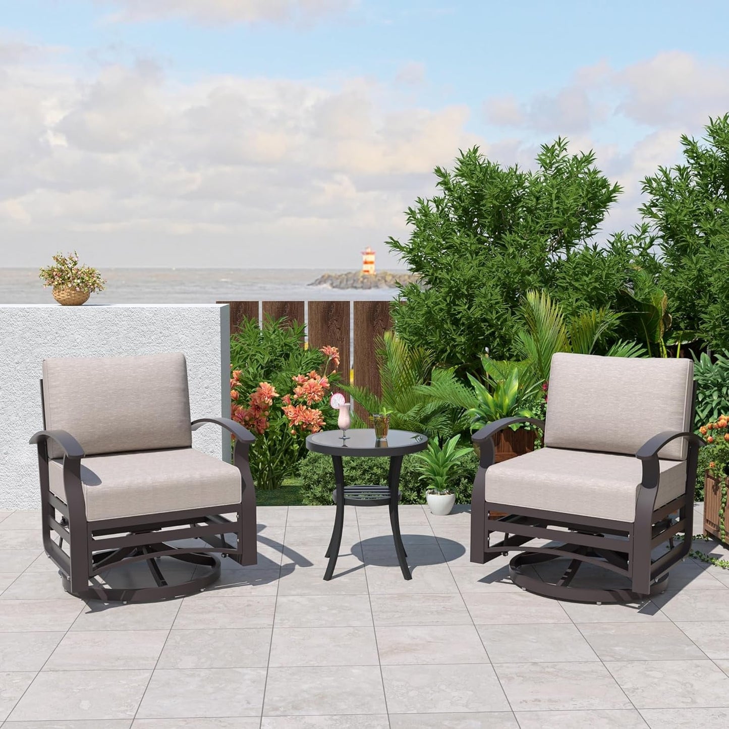 Kullavik 3Pcs Aluminum Rocking Chair Swivel Chairs Set with Glass Top Table & 5 Thick Cushion
