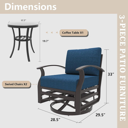 Kullavik 3Pcs Aluminum Rocking Chair Swivel Chairs Set with Glass Top Table & 5 Thick Cushion