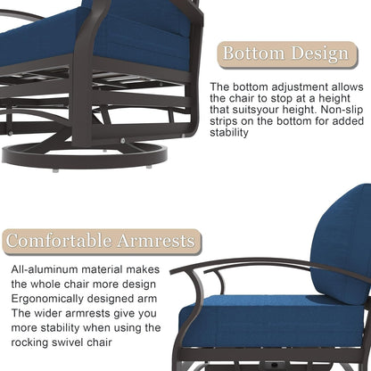 Kullavik 3Pcs Aluminum Rocking Chair Swivel Chairs Set with Glass Top Table & 5 Thick Cushion