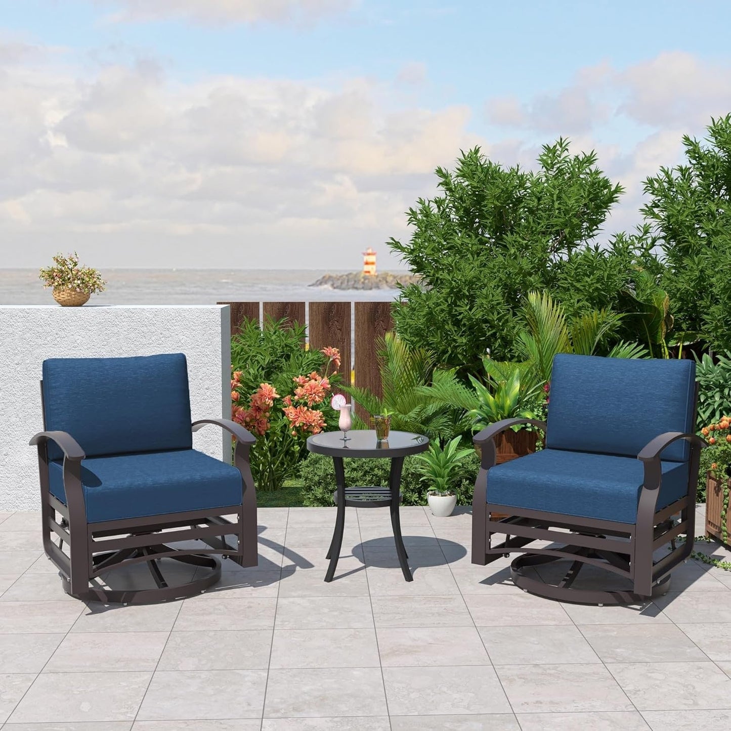Kullavik 3Pcs Aluminum Rocking Chair Swivel Chairs Set with Glass Top Table & 5 Thick Cushion