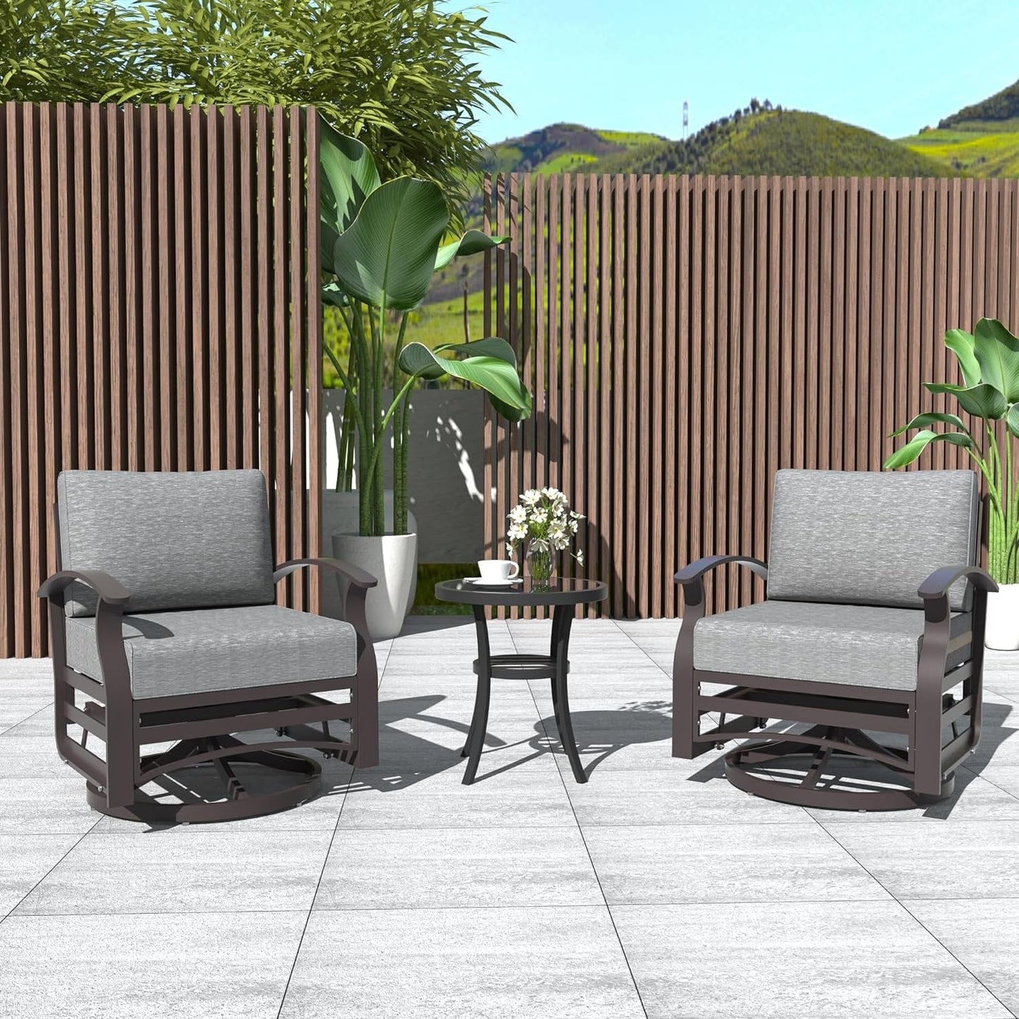 Kullavik 3Pcs Aluminum Rocking Chair Swivel Chairs Set with Glass Top Table & 5 Thick Cushion