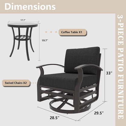 Kullavik 3Pcs Aluminum Rocking Chair Swivel Chairs Set with Glass Top Table & 5 Thick Cushion