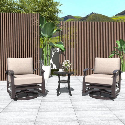 Kullavik 3Pcs Aluminum Rocking Chair Swivel Chairs Set with Glass Top Table & 5 Thick Cushion