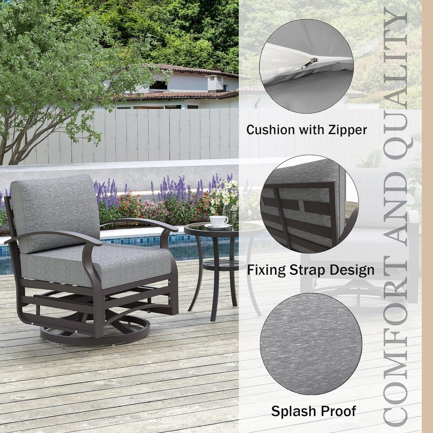 Kullavik 3Pcs Aluminum Rocking Chair Swivel Chairs Set with Glass Top Table & 5 Thick Cushion