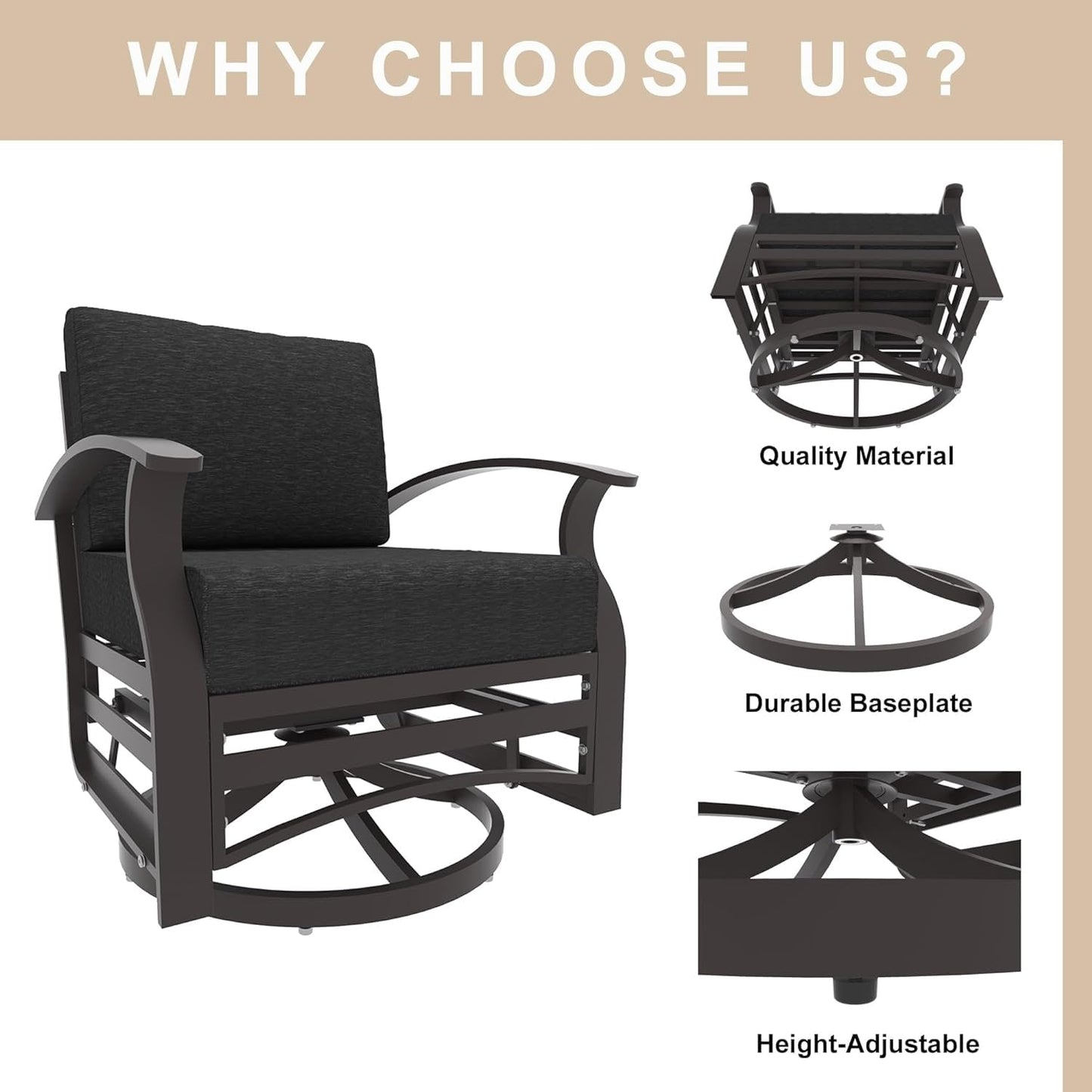 Kullavik 3Pcs Aluminum Rocking Chair Swivel Chairs Set with Glass Top Table & 5 Thick Cushion