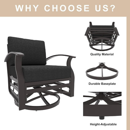 Kullavik 3Pcs Aluminum Rocking Chair Swivel Chairs Set with Glass Top Table & 5 Thick Cushion