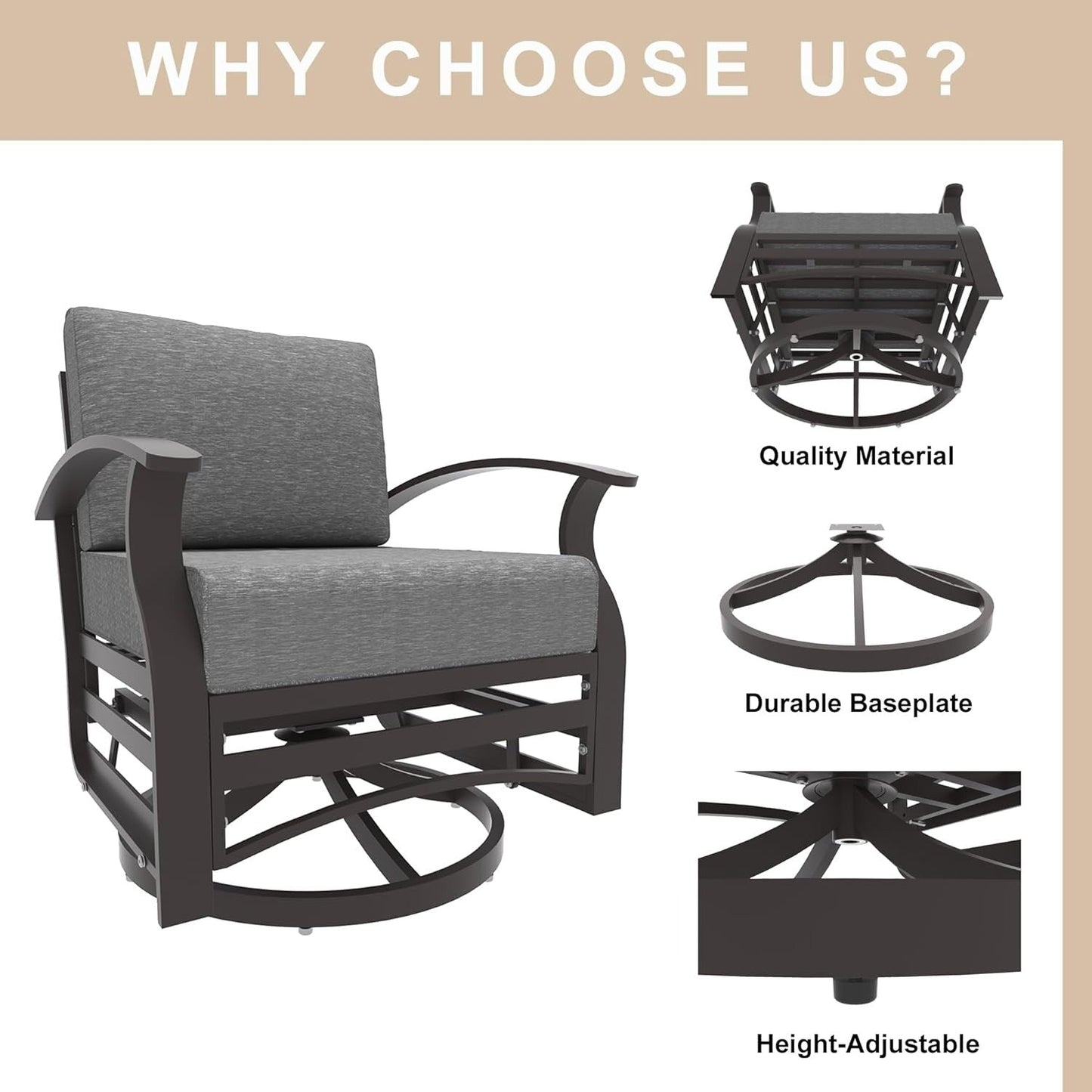 Kullavik 3Pcs Aluminum Rocking Chair Swivel Chairs Set with Glass Top Table & 5 Thick Cushion