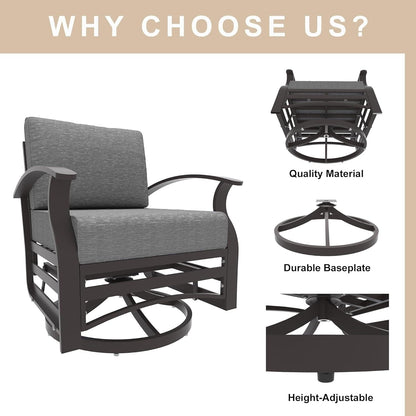 Kullavik 3Pcs Aluminum Rocking Chair Swivel Chairs Set with Glass Top Table & 5 Thick Cushion