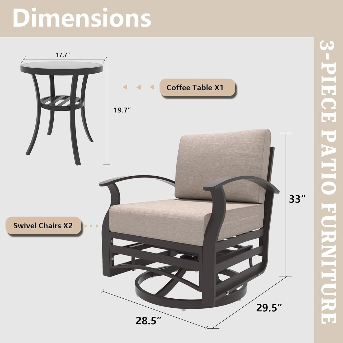 Kullavik 3Pcs Aluminum Rocking Chair Swivel Chairs Set with Glass Top Table & 5 Thick Cushion