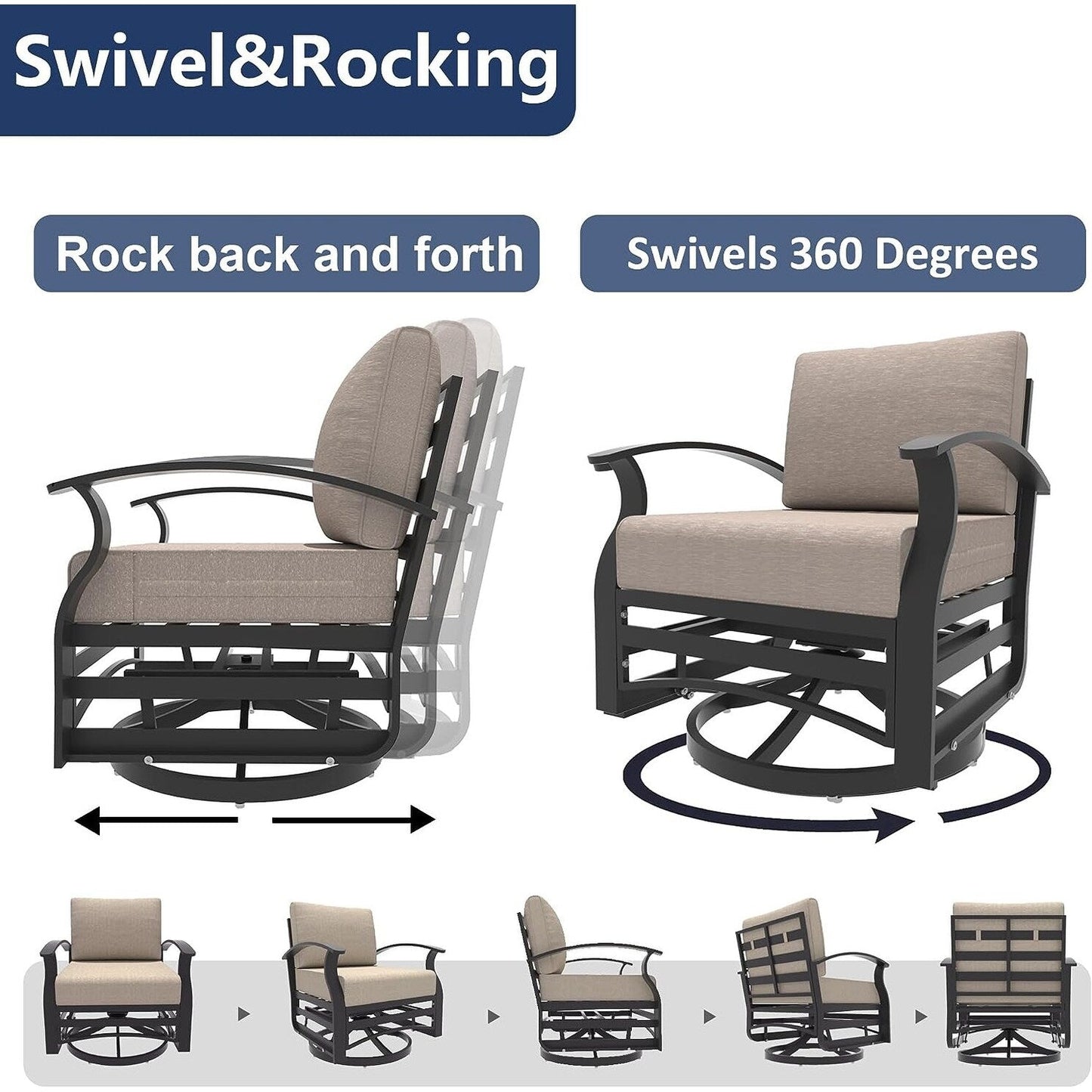 Kullavik 3Pcs Aluminum Rocking Chair Swivel Chairs Set with Glass Top Table & 5 Thick Cushion
