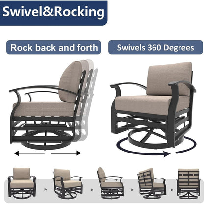 Kullavik 3Pcs Aluminum Rocking Chair Swivel Chairs Set with Glass Top Table & 5 Thick Cushion