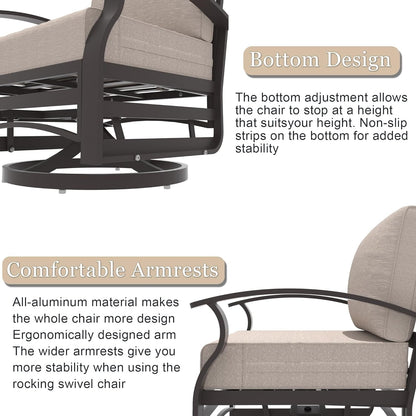 Kullavik 3Pcs Aluminum Rocking Chair Swivel Chairs Set with Glass Top Table & 5 Thick Cushion