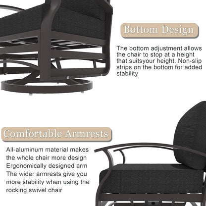 Kullavik 3Pcs Aluminum Rocking Chair Swivel Chairs Set with Glass Top Table & 5 Thick Cushion