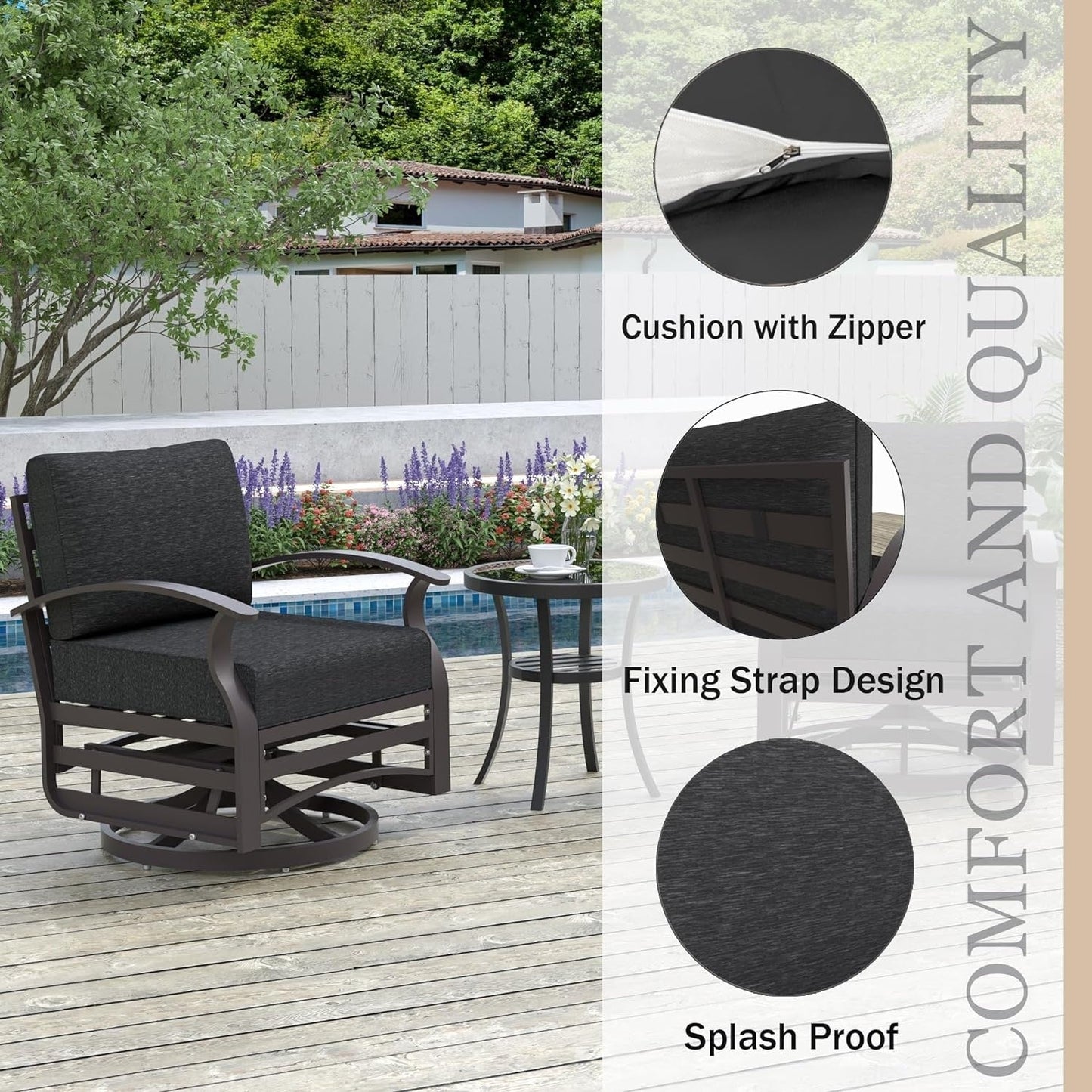 Kullavik 3Pcs Aluminum Rocking Chair Swivel Chairs Set with Glass Top Table & 5 Thick Cushion