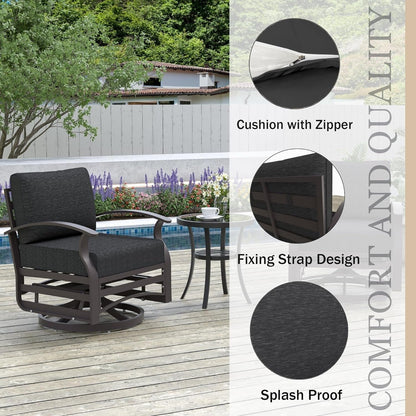Kullavik 3Pcs Aluminum Rocking Chair Swivel Chairs Set with Glass Top Table & 5 Thick Cushion