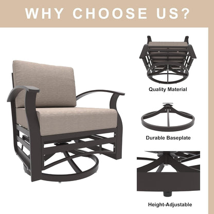 Kullavik 3Pcs Aluminum Rocking Chair Swivel Chairs Set with Glass Top Table & 5 Thick Cushion