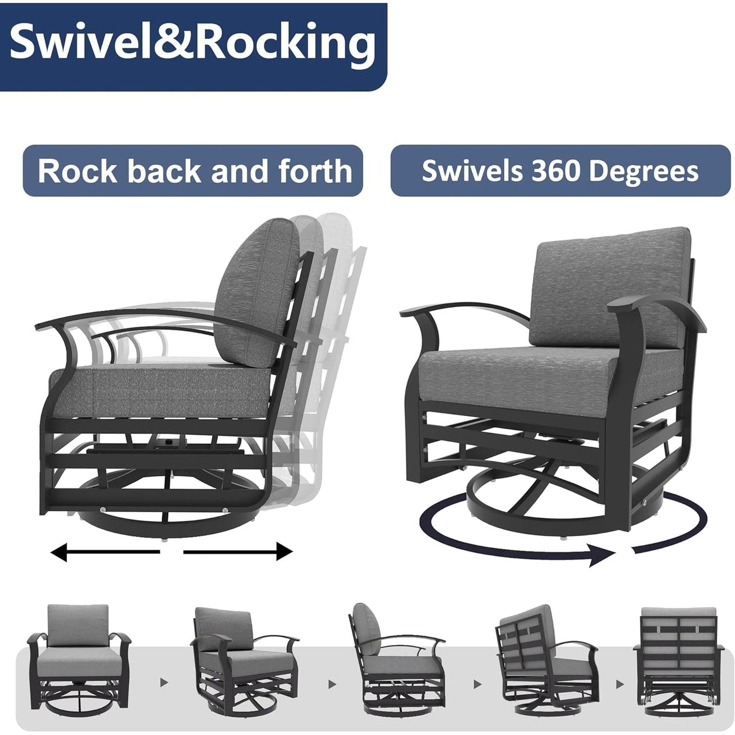 Kullavik 3Pcs Aluminum Rocking Chair Swivel Chairs Set with Glass Top Table & 5 Thick Cushion