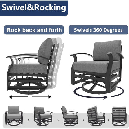 Kullavik 3Pcs Aluminum Rocking Chair Swivel Chairs Set with Glass Top Table & 5 Thick Cushion